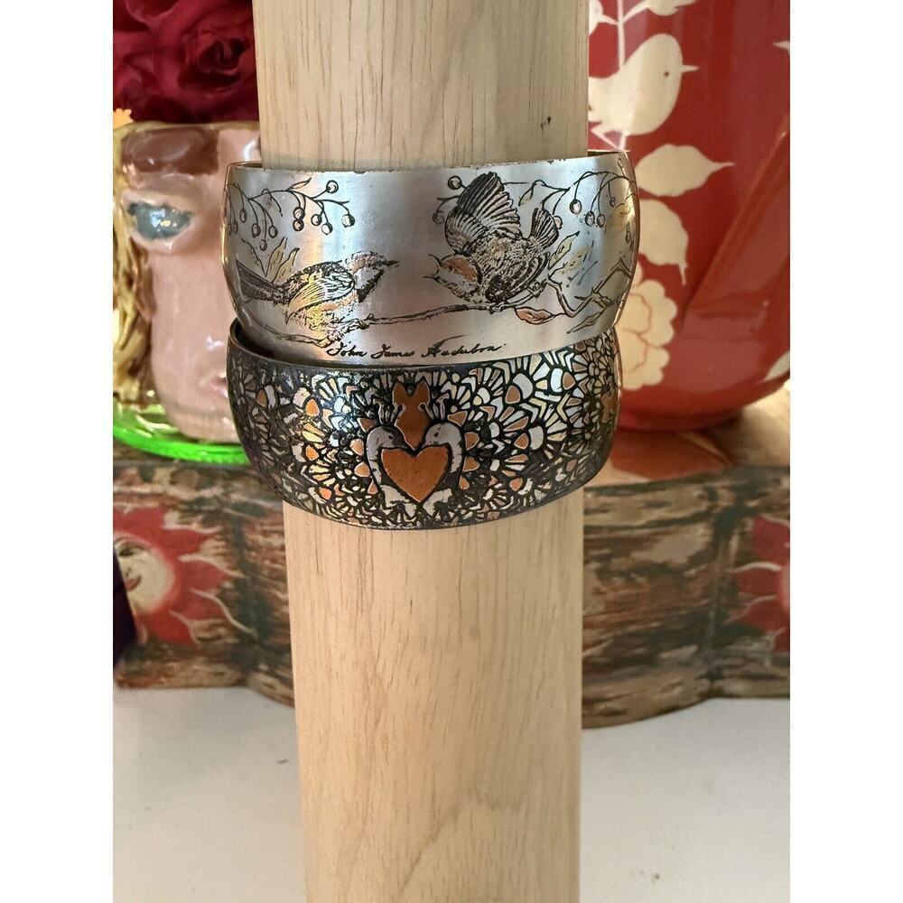 2 Vtg Reed and Barton Silver Damascene Birds Audubon & Heart Cuff Bracelets
